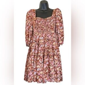 Gypsy Love Smocked Floral Puff Sleeve Mini Dress Boho Festival Style Size M